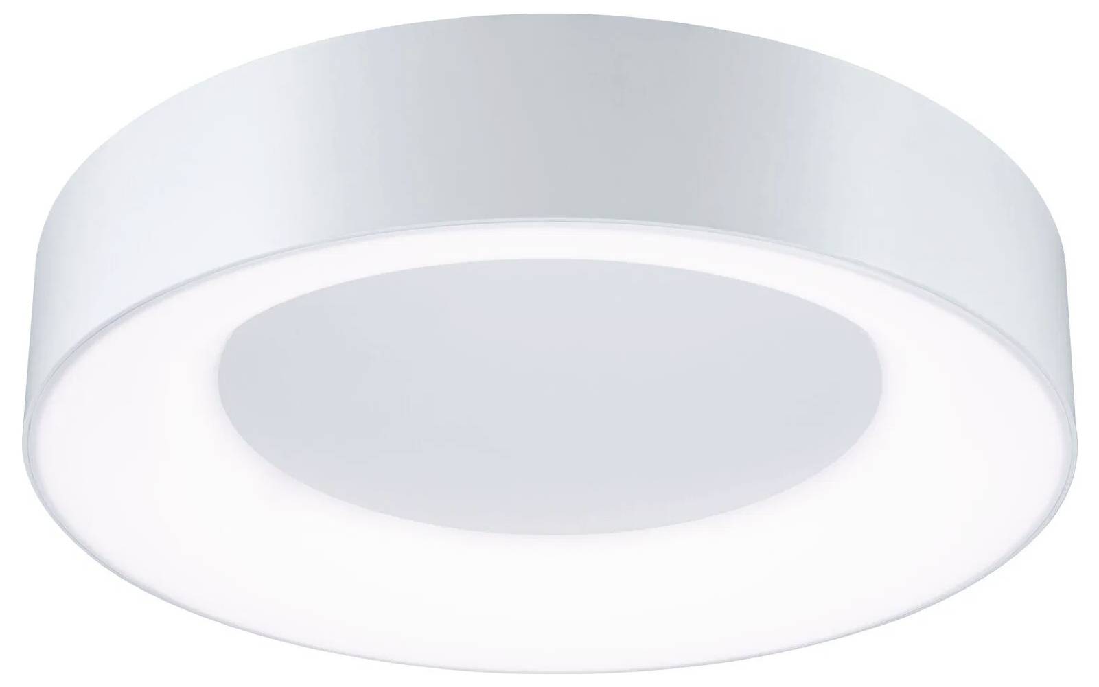 Eine weiße, runde LED-Deckenleuchte strahlt ein sanftes, gleichmäßiges Licht aus. Sie verfügt über ein schlankes, modernes Design, das sich für verschiedene Innenräume eignet.