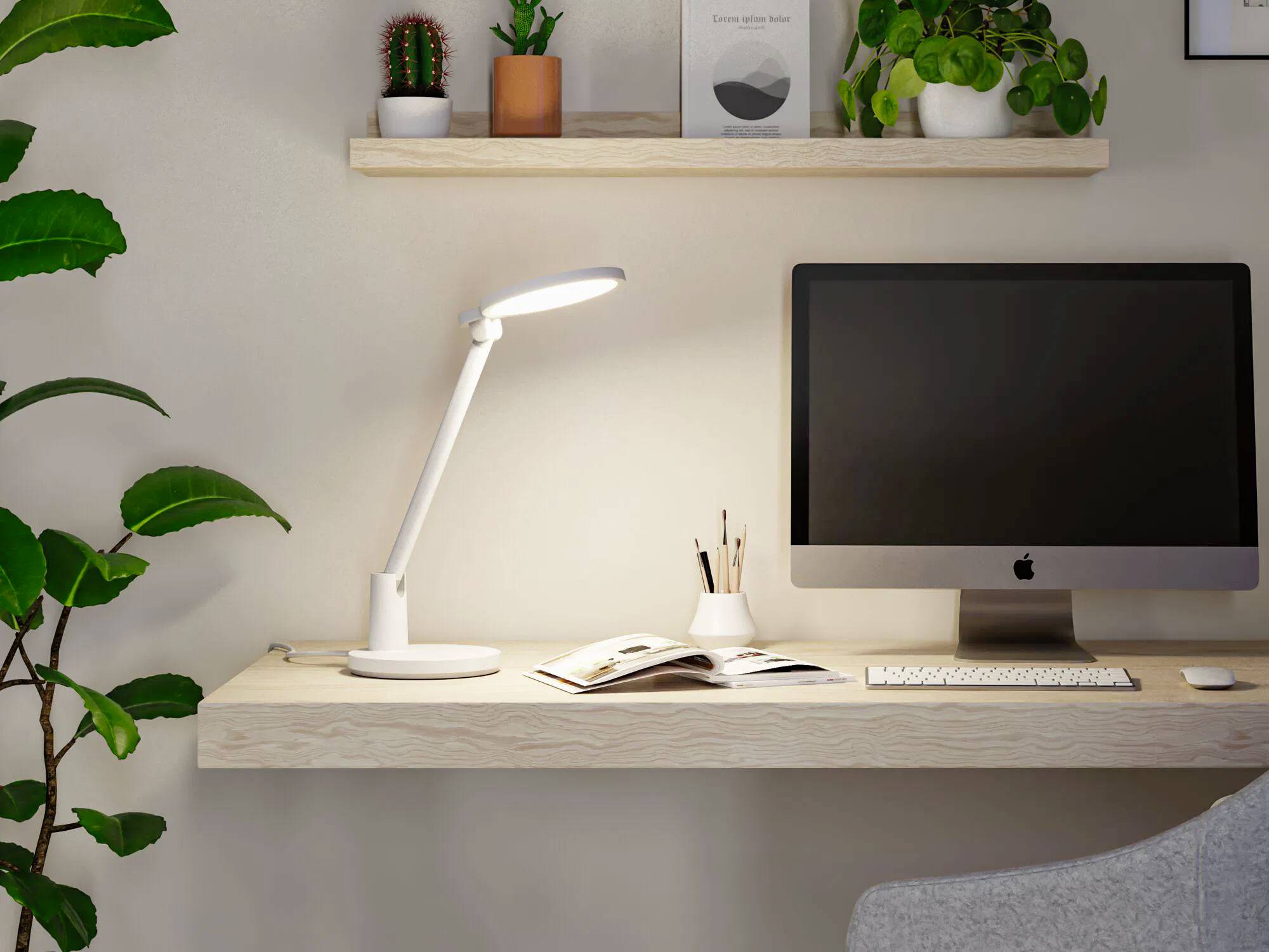 Ein aufgeräumter Schreibtisch mit einem Computer, einer Lampe und einem aufgeschlagenen Buch. Pflanzen schmücken die Regale. Weiches Licht schafft eine ruhige Arbeitsatmosphäre.