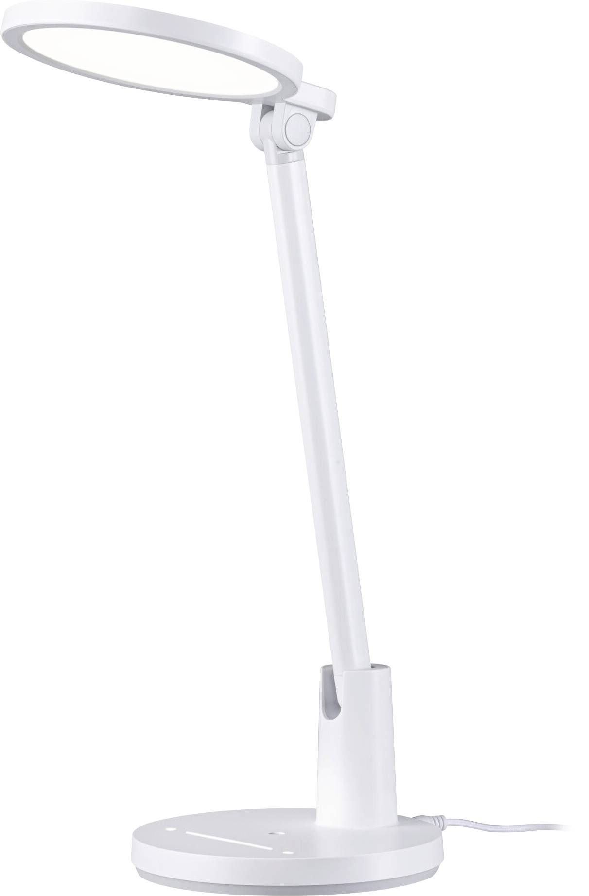 Eine weiße Schreibtischlampe mit einem verstellbaren Arm und einer kreisförmigen LED-Leuchte, die an eine Stromquelle angeschlossen und auf einer ebenen Oberfläche platziert ist.