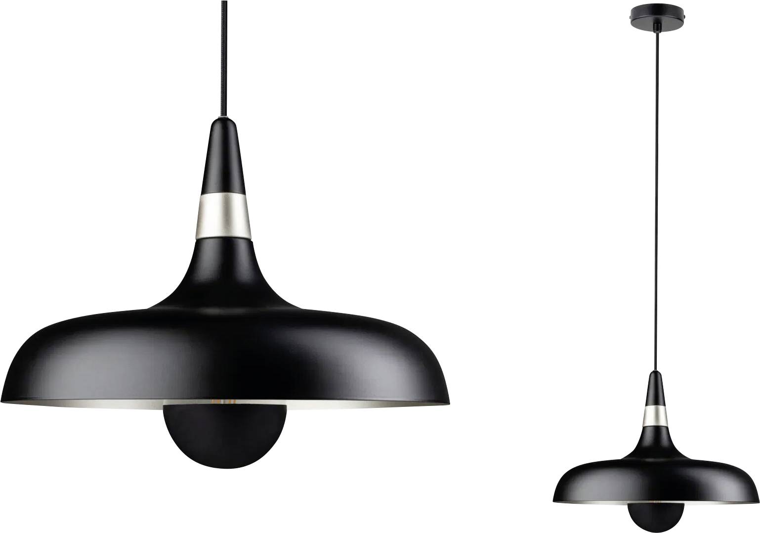 Schwarze Pendelleuchte mit elegantem, modernem Design, ausgestattet mit einem breiten, kuppelförmigen Lampenschirm und silbernen Akzenten.