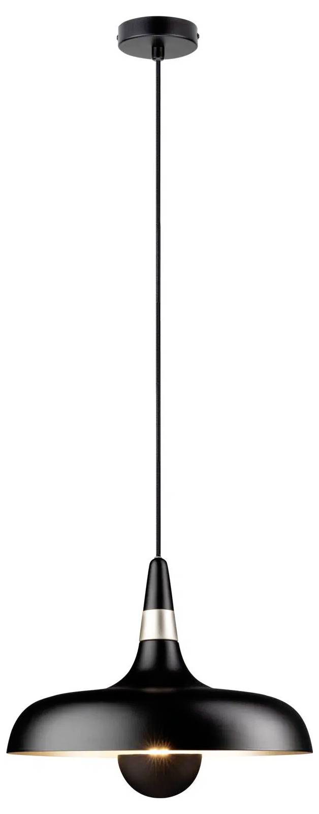 Ein schwarzes, modernes Pendelleuchte mit einem abgerundeten Lampenschirm hängt von der Decke und repräsentiert ein minimalistisches Design.