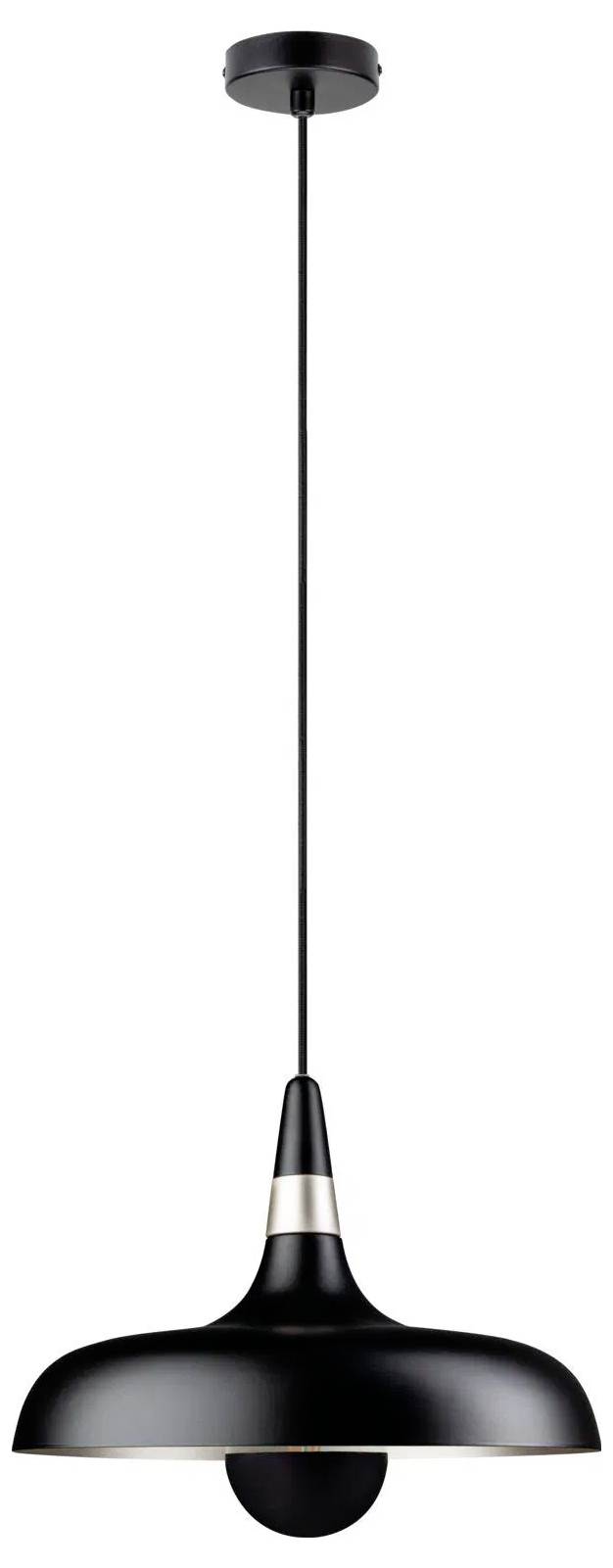 Eine schlanke schwarze Pendelleuchte mit einem glatten, geschwungenen Lampenschirm hängt an einem dünnen Kabel und zeichnet sich durch minimalistische Designelemente aus.