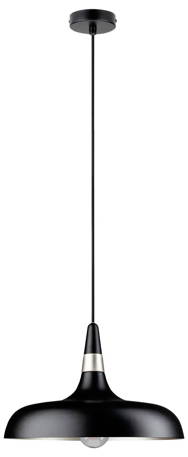 Eine elegante, moderne schwarze Pendelleuchte mit einer glatten, geschwungenen Schirm und einem schlanken, schwarzen Kabel, das von einer Deckenhalterung herabhängt.