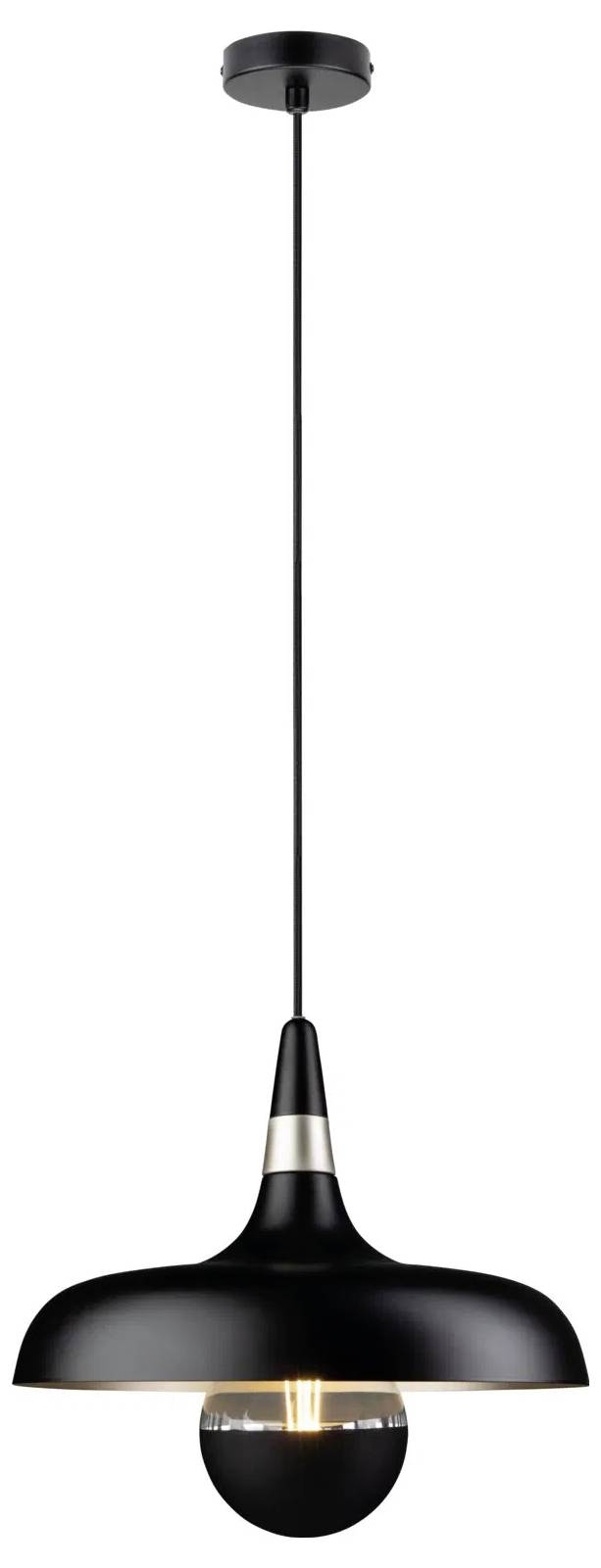 Ein modernes schwarzes Pendelleuchte mit elegantem, geschwungenem Design hängt von der Decke, mit einer reflektierenden Kugel unter dem Lampenschirm.