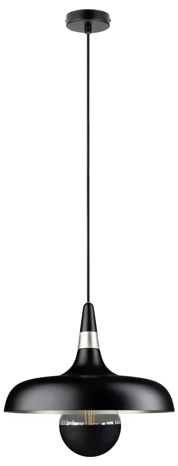 Eine elegante, moderne schwarze Pendelleuchte mit einem breiten, geschwungenen Schirm und einer freigelegten Glühbirne, die an einer dünnen schwarzen Stange hängt.