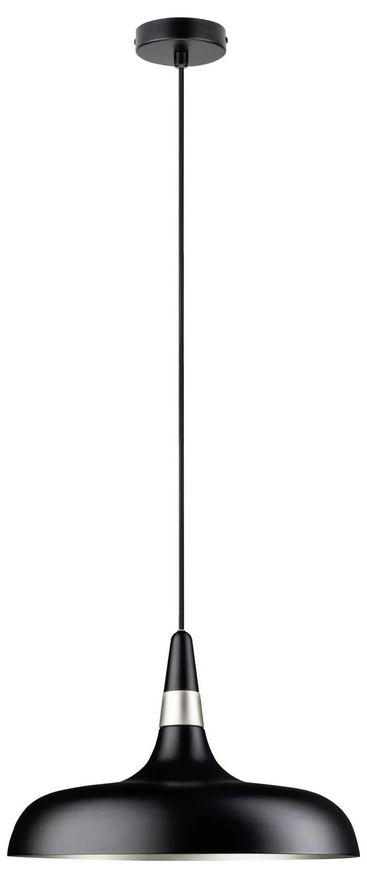Ein schwarzes, modernes Pendelleuchte mit einem breiten, geschwungenen Schirm und einem schlanken, verstellbaren Kabel.