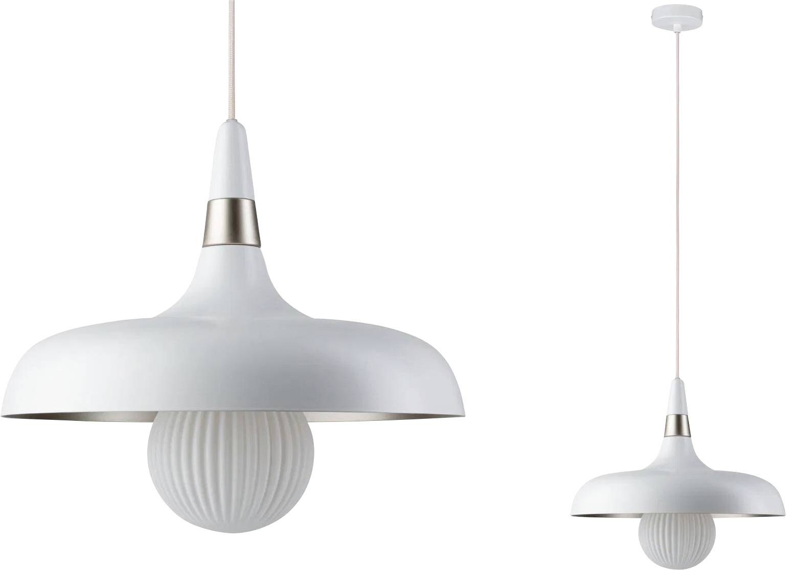 Moderne weiße Pendelleuchte mit metallischem Rand, ausgestattet mit einer gerippten Globusbirne, von der Decke an einem dünnen Seil hängend.