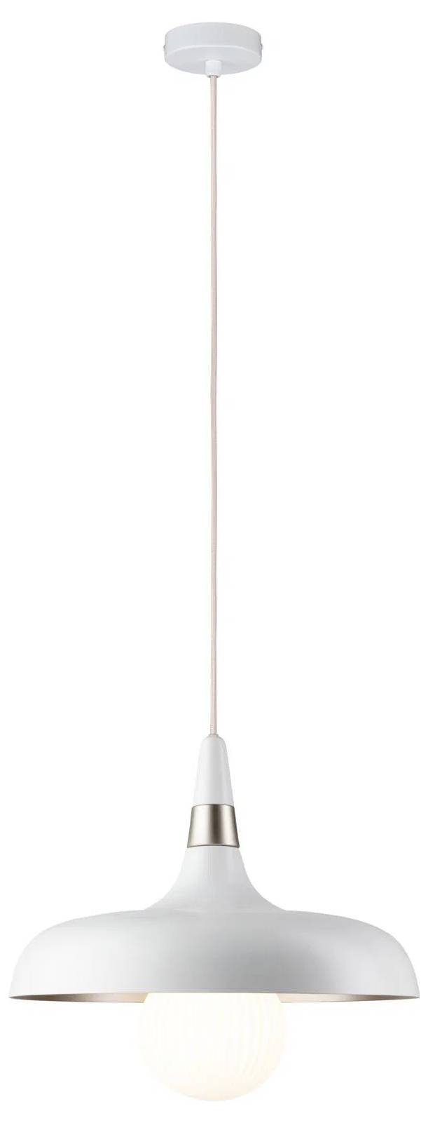 Eine moderne weiße Pendelleuchte mit glatter, geschwungener Form und einer leuchtenden Glühbirne, die an einem dünnen weißen Kabel von der Deckeneinheit herabhängt.