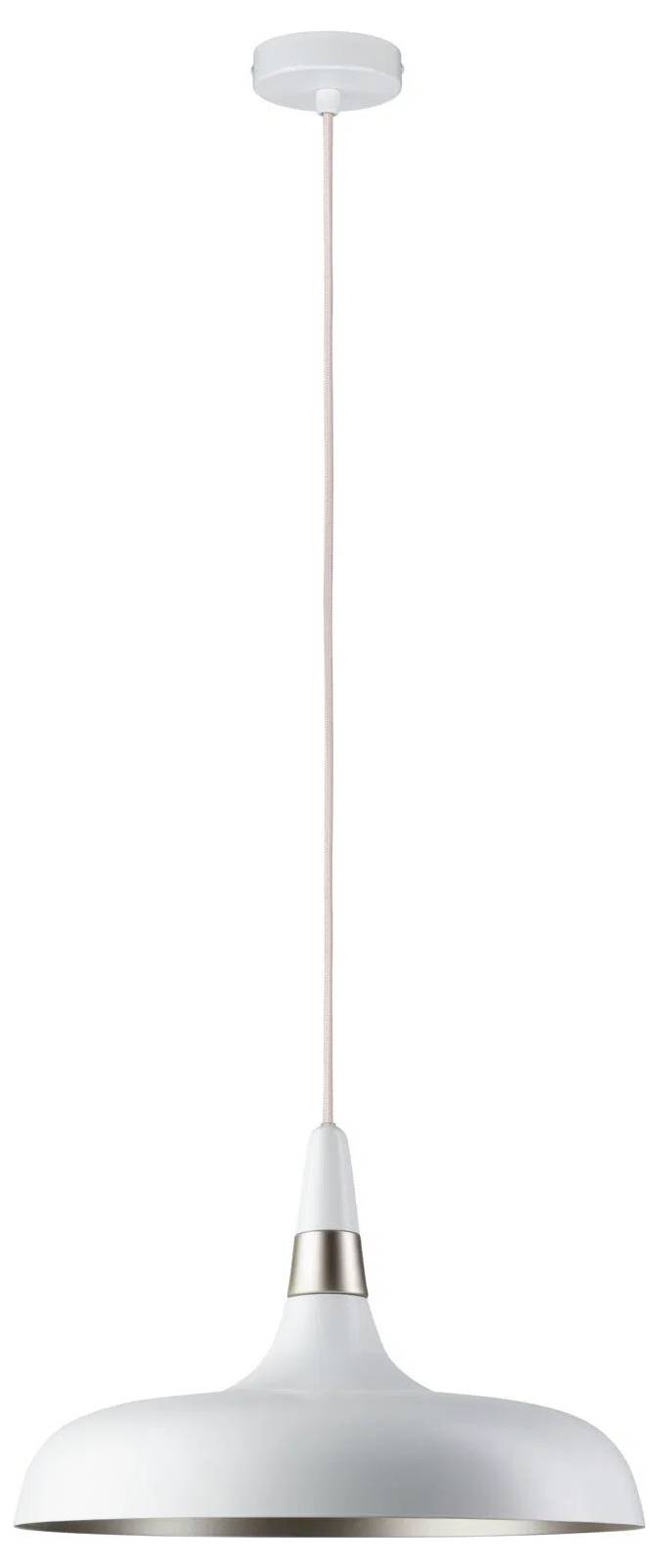 Ein weißes Pendelleuchte mit elegantem, modernem Design hängt von der Decke, mit einer glatten Kuppelform und einem dünnen Aufhängekabel.