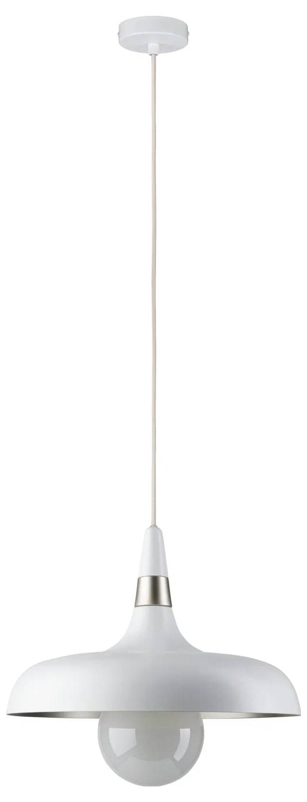 Eine moderne weiße Pendelleuchte mit einem glatten, kuppelförmigen Lampenschirm und einem schlanken Hängekabel, konzipiert für die Deckenmontage.