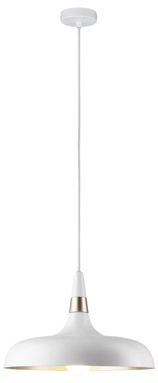 Eine elegante, moderne weiße Pendelleuchte mit sanfter Kurve und metallenem Akzent, von der Decke abgehängt, vor einem weißen Hintergrund.