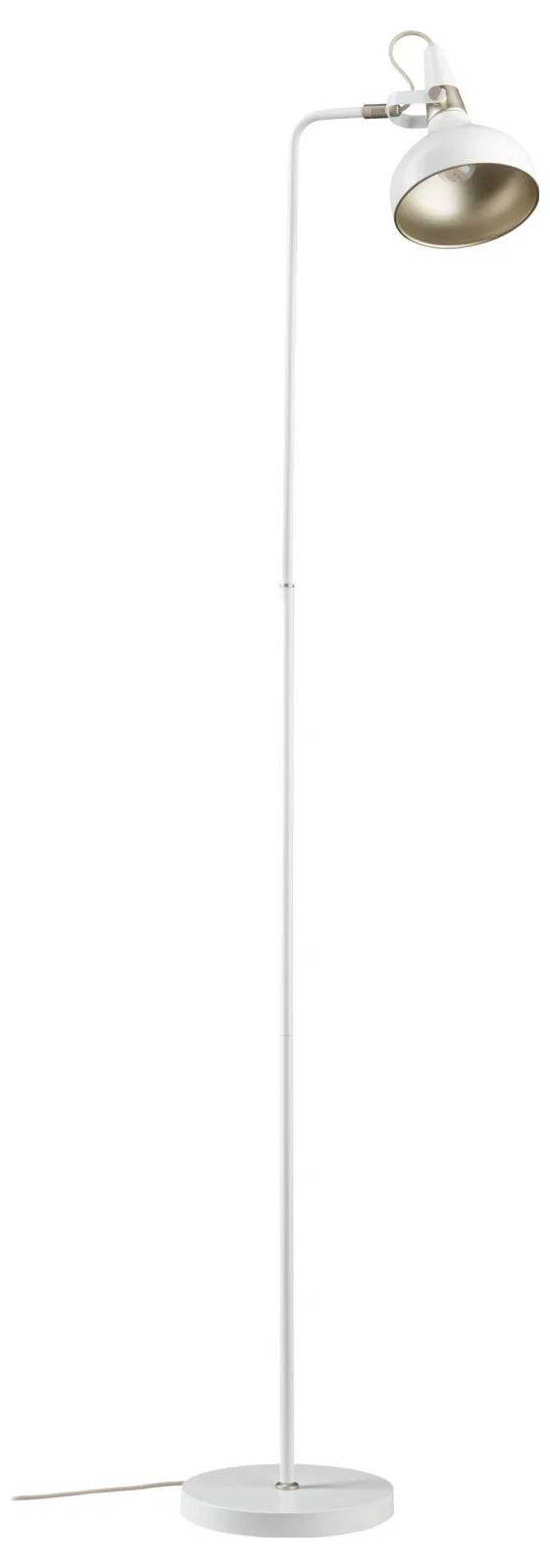 Eine hohe, schlanke weiße Stehlampe mit rundem Sockel und verstellbarem Metallschirm, konzipiert für zeitgenössische Innenräume.