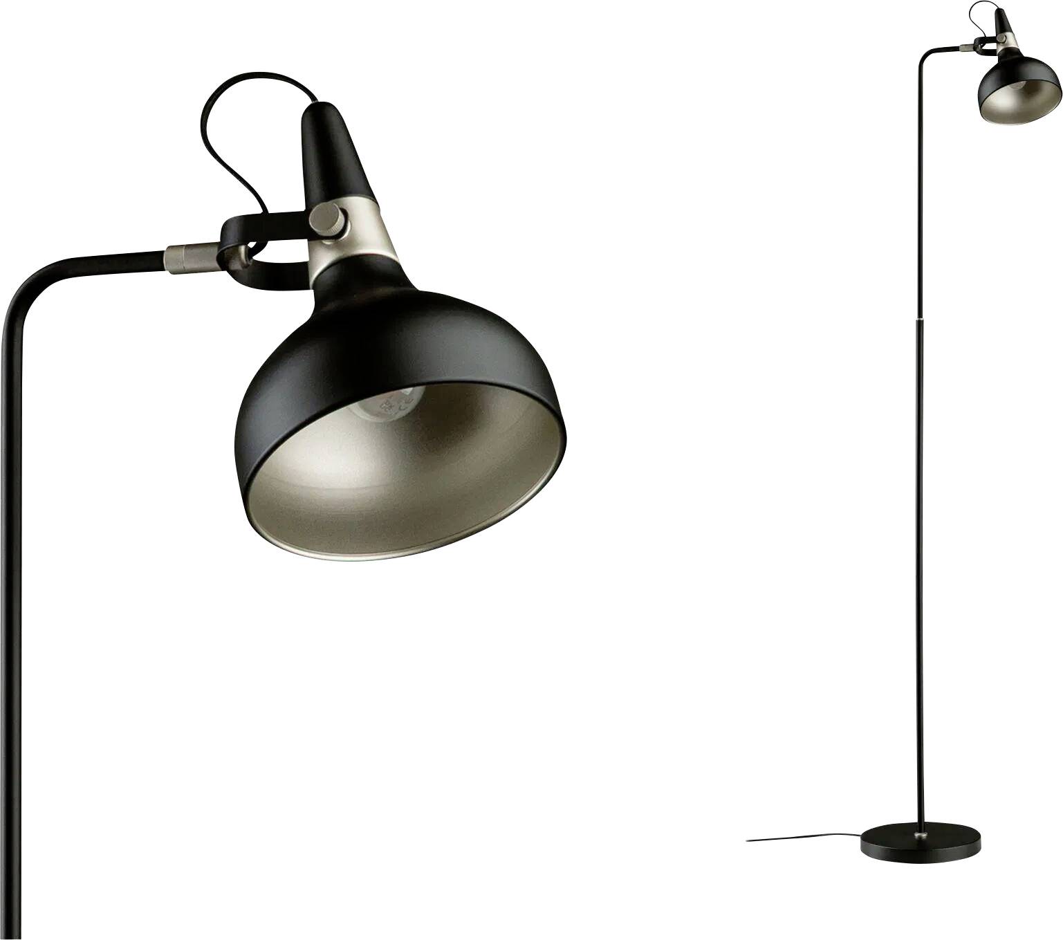 Eine elegante, schwarze Stehlampe mit rundem Fuß und verstellbarem Kopf, konzipiert für moderne Innenräume. Sie zeichnet sich durch einen minimalistischen Stil aus.