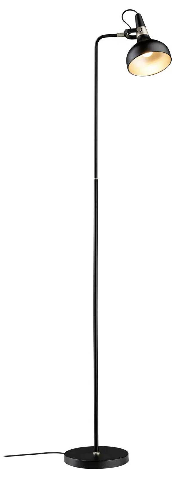 Eine schwarze Stehlampe mit einer kreisförmigen Basis und verstellbarem Kopf, die ein warmes Licht ausstrahlt. Ideal zum Lesen oder als Akzentbeleuchtung.