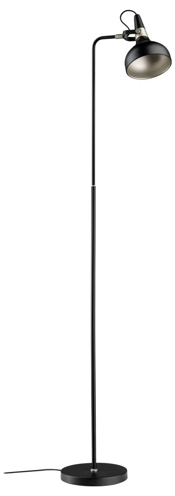 Eine schwarze Stehlampe mit einem schmalen Schaft und verstellbarem Kopf, die auf einer runden Basis steht und für moderne Innenbeleuchtung konzipiert ist.