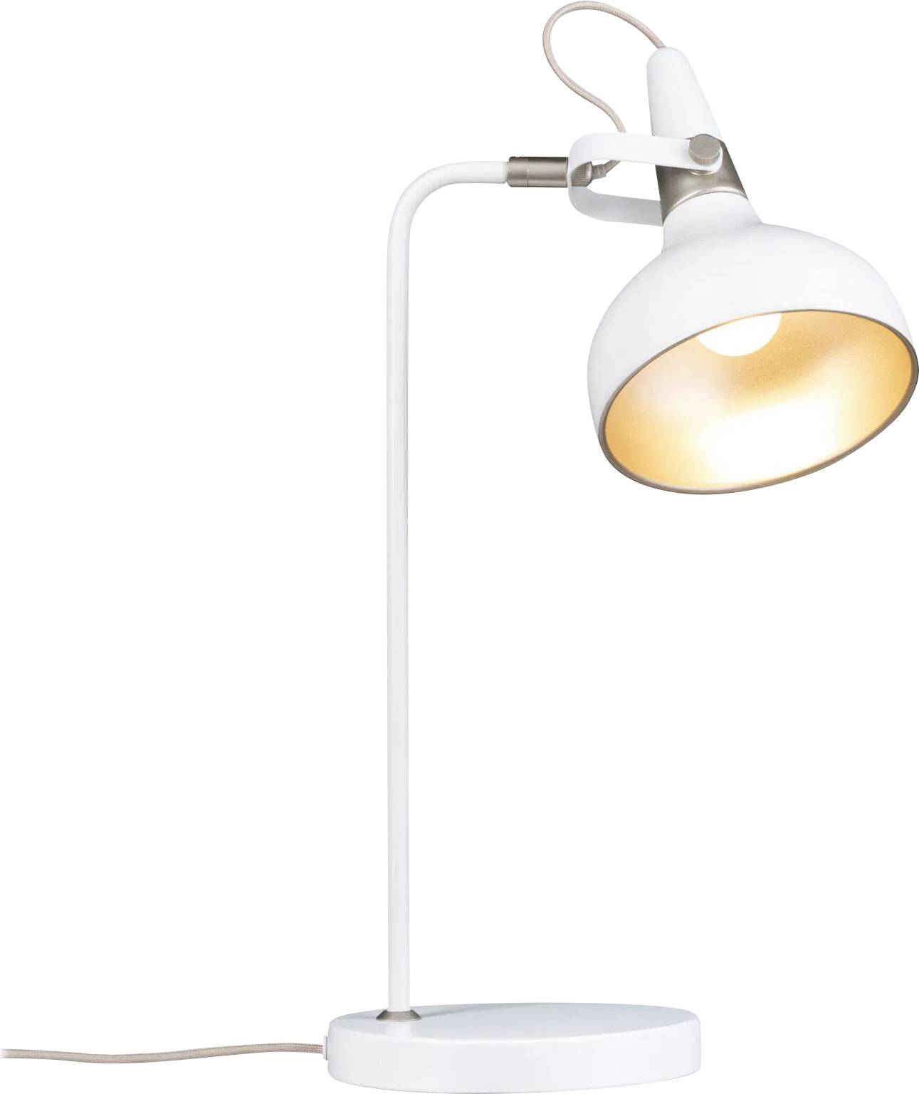 Eine weiße Schreibtischlampe mit rundem Fuß und verstellbarem Arm, ausgestattet mit einer Metallklemme und einer warmweißen Glühbirne, geeignet zum Lesen oder Arbeiten.