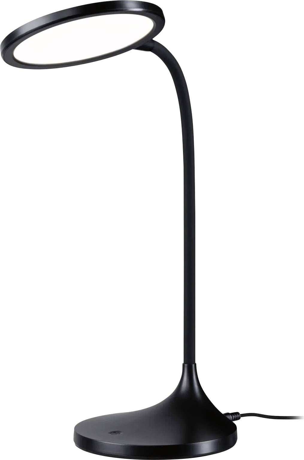 Eine moderne schwarze Schreibtischlampe mit einem kreisförmigen LED-Licht und einem verstellbaren Hals, eingesteckt und auf einer ebenen Oberfläche stehend.