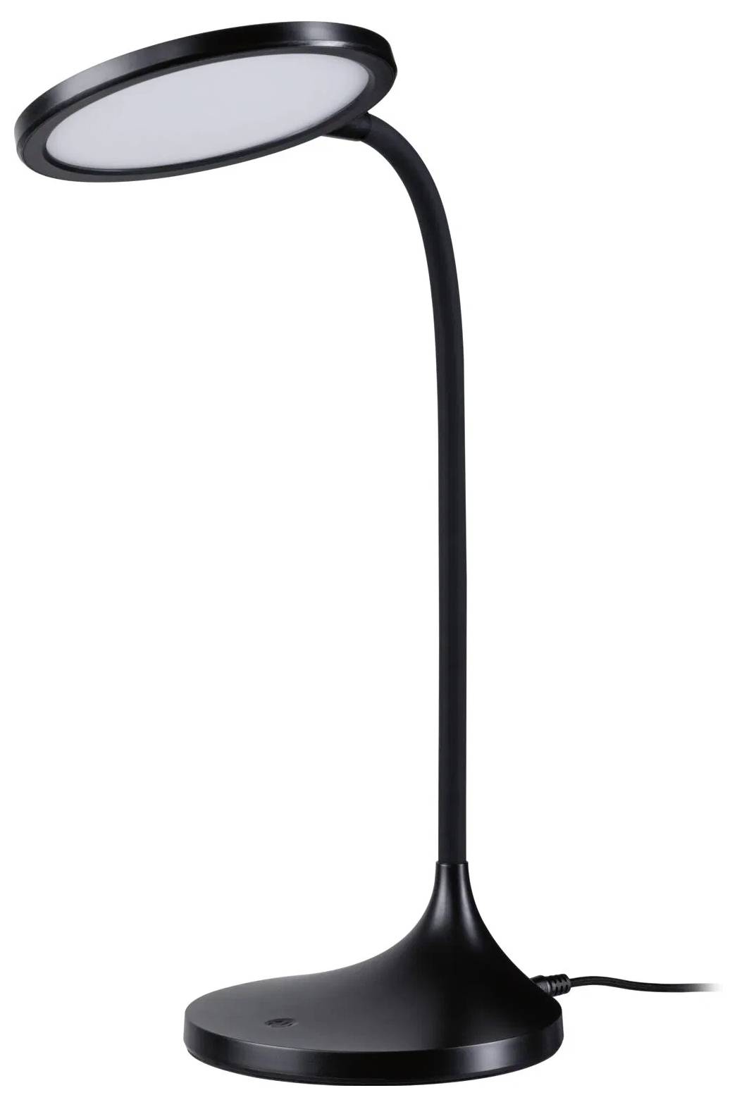 Eine schwarze Schreibtischlampe mit einem kreisförmigen LED-Kopf und einem flexiblen Hals, angeschlossen, auf einer einfachen gerundeten Basis stehend.