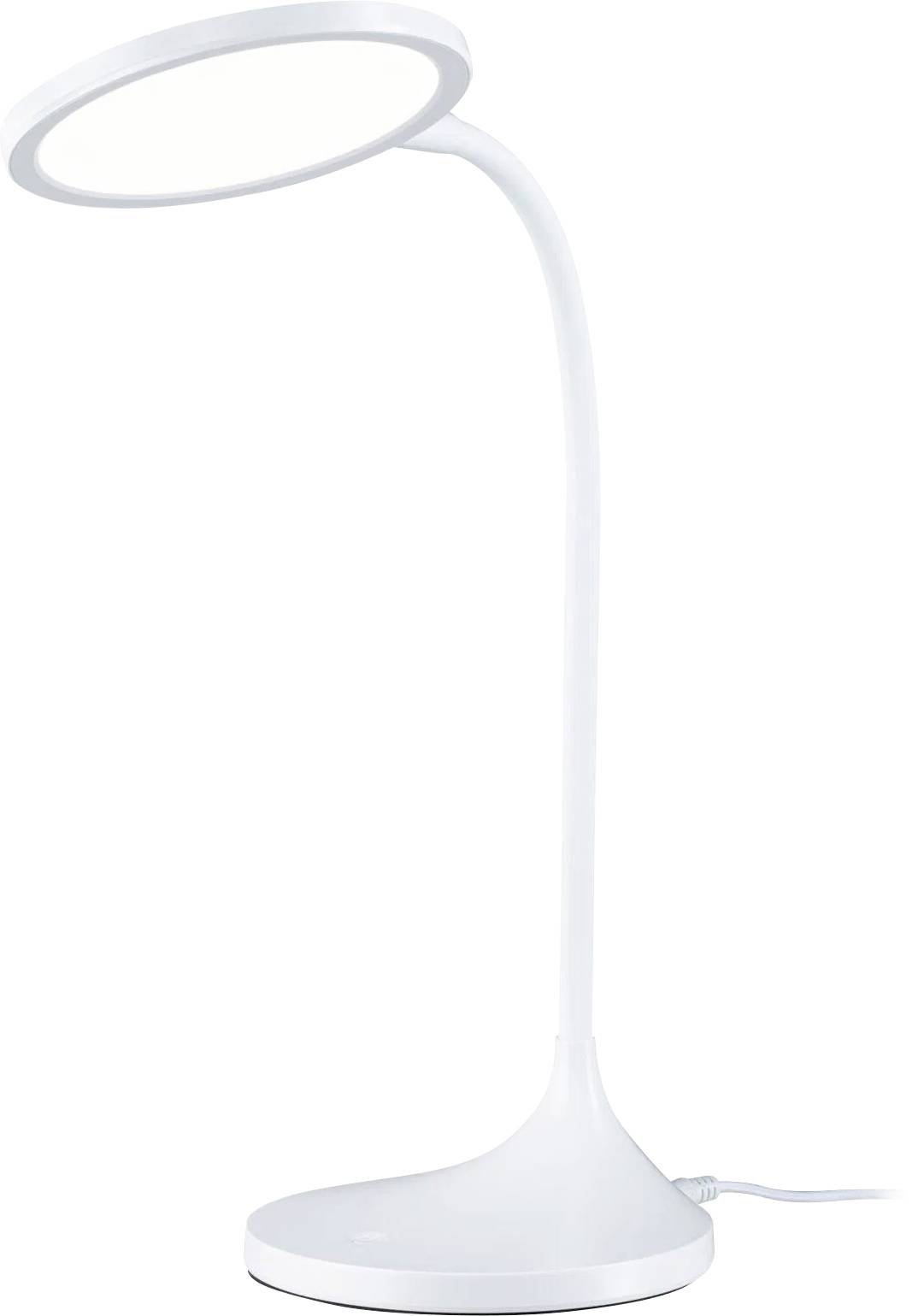 Eine weiße, moderne LED-Schreibtischlampe mit verstellbarem Hals, die auf einer kreisförmigen Basis steht. Die Lampe ist eingesteckt und zeigt ein minimalistisches Design.
