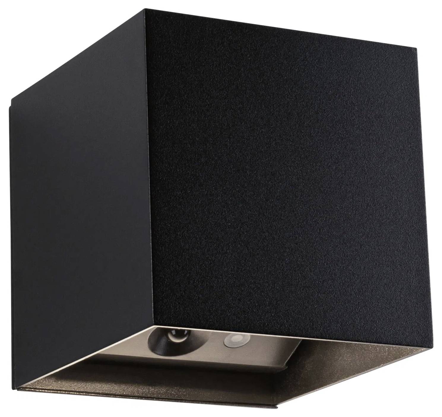 Eine schwarze, kubische Wandleuchte mit minimalistischem Design, die eine Lichtöffnung an der Unterseite zur Beleuchtung aufweist.