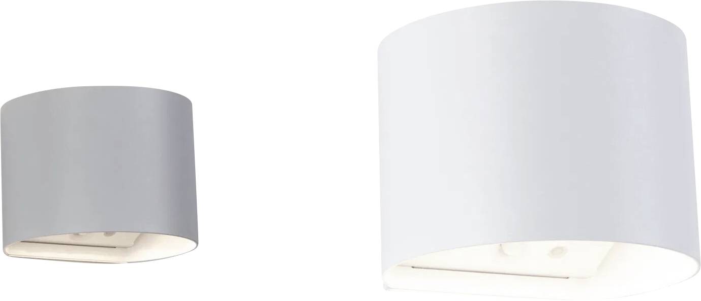 Zwei weiße, wandmontierte, zylindrische LED-Leuchten mit offenen Unterseiten zur Lichtprojektion nach unten vor einem schlichten weißen Hintergrund.