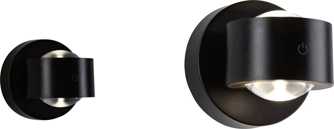 Nahaufnahme einer schwarzen, zylindrischen LED-Wandleuchte mit rundem Sockel. Ein kleines Netzteil-Symbol ist an der Vorderseite sichtbar.