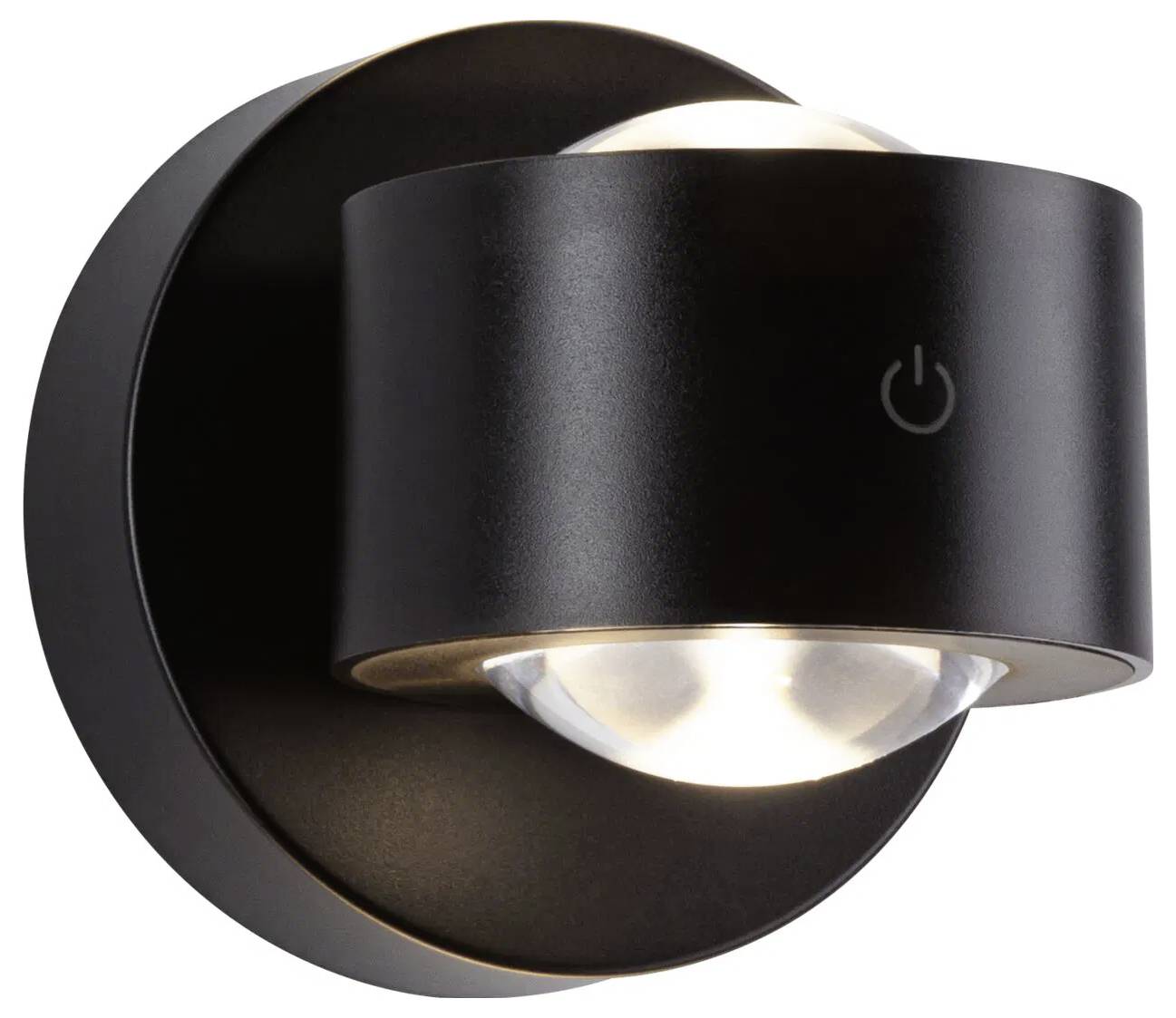 Eine moderne schwarze, wandmontierte LED-Leuchte mit einer kreisförmigen Basis und elegantem Design, die ein kleines Netzsymbol an der Vorderseite trägt.