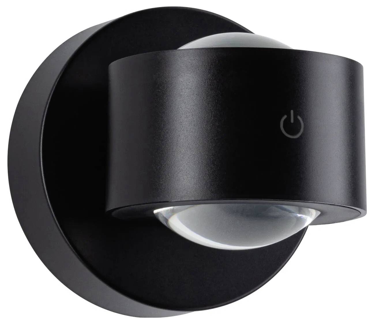 Eine schwarze LED-Wandleuchte mit abgerundeter Form, die auf der Vorderseite ein Powersymbol aufweist.