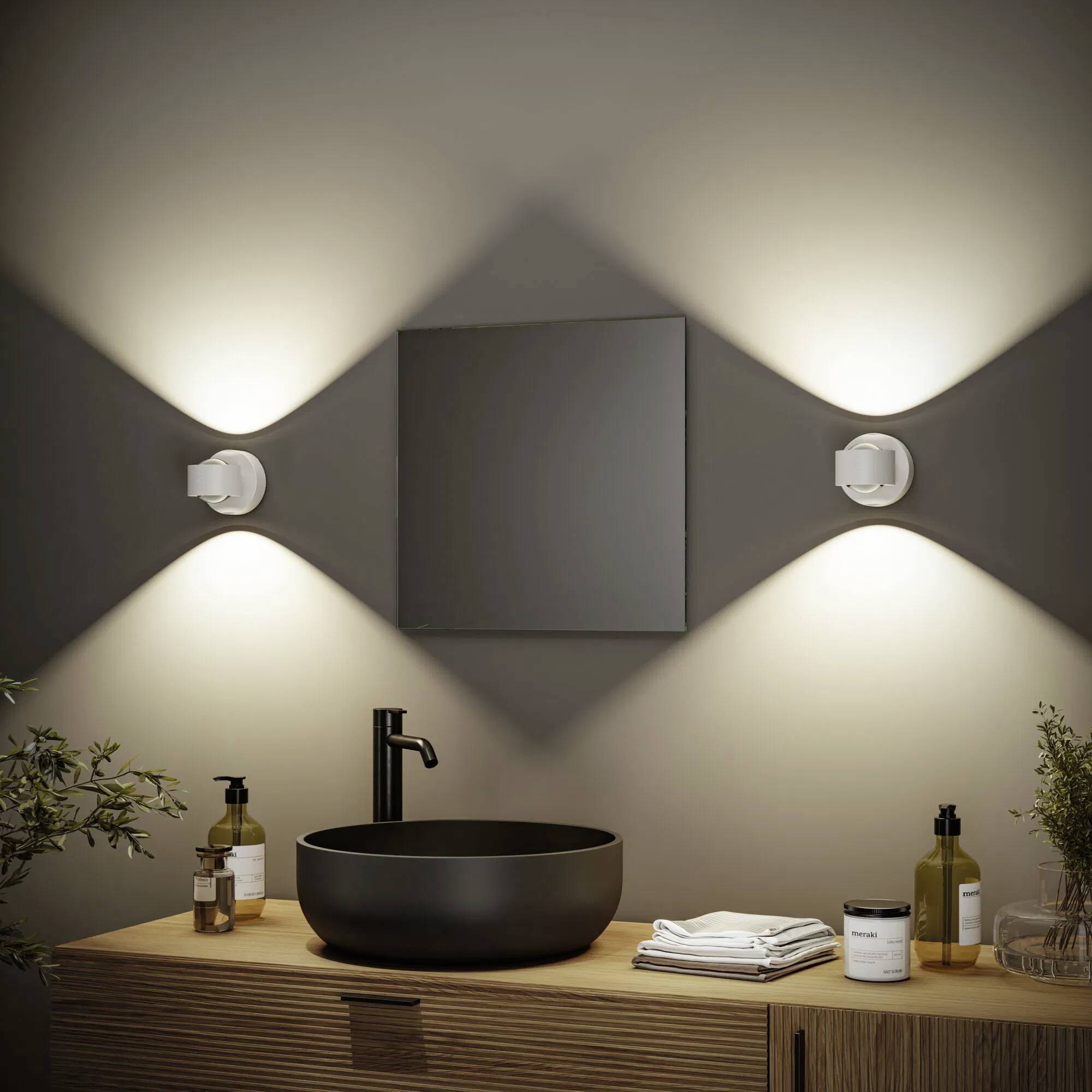 Badezimmerwaschbereich mit einem schwarzen runden Waschbecken, modernem Wasserhahn, beleuchtetem Spiegel, Körperpflegeprodukten und dekorativen Pflanzen.