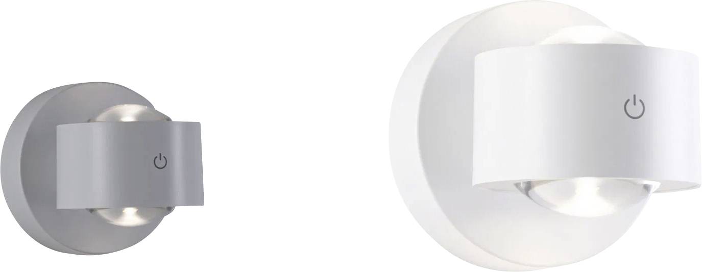 Wandmontierte LED-Leuchte mit einer kreisförmigen Rückplatte und gewölbter Frontseite, mit einem zentralen Stromversorgungssymbol.