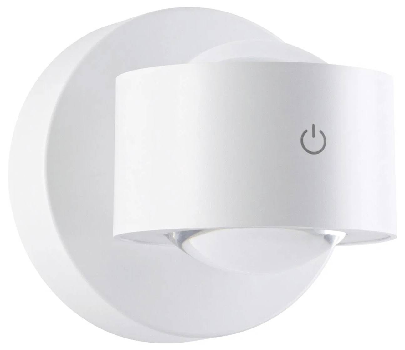 Eine weiße, wandmontierte LED-Leuchte mit einer kreisförmigen Befestigungsplatte und einem zylindrischen Gehäuse. Ein Stromschalter-Symbol ist auf der Vorderseite sichtbar.