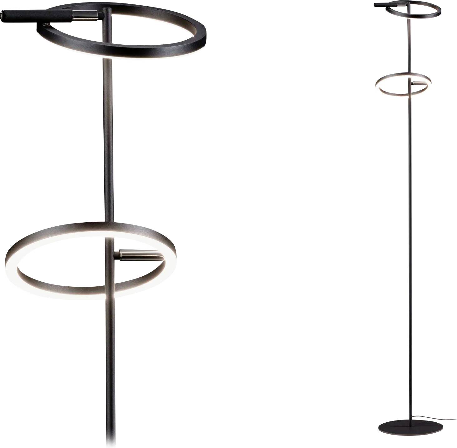 Moderne Stehlampe mit zwei kreisförmigen LED-Lichtringen an einem schlanken Metallstab, die ein sanftes, ambientes Leuchten erzeugt.