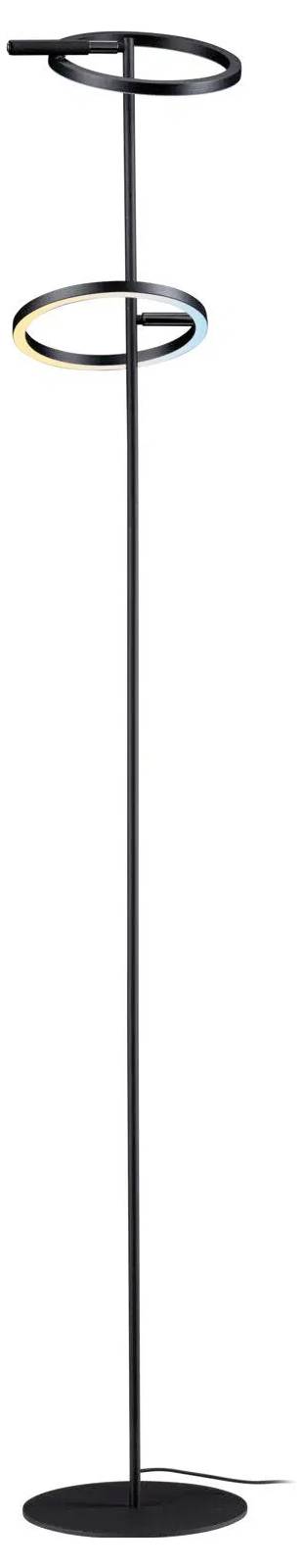 Eine moderne schwarze Stehlampe mit einer schlanken Säule und zwei kreisförmigen LED-Ringen, einer am oberen Ende und der andere in der Mitte, beide leicht geneigt.