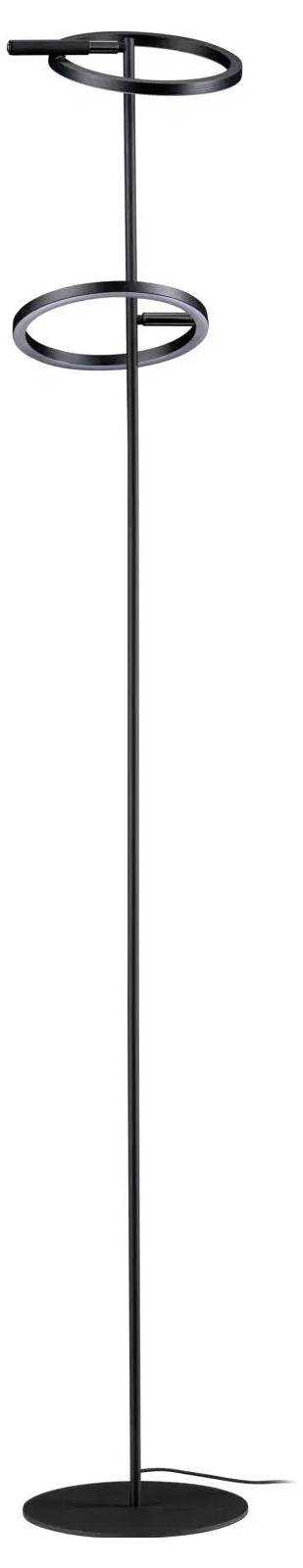 Große schwarze Stehlampe mit zwei kreisrunden LED-Lichtringen in unterschiedlichen Winkeln entlang der vertikalen Stange, die auf einem runden Sockel positioniert ist.