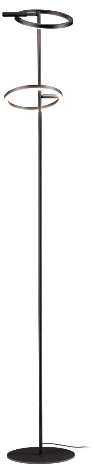 Eine moderne, schwarze Stehlampe mit zwei kreisförmigen LED-Lichtringen, die an einer schlanken Säule befestigt sind und auf einem runden Sockel steht.