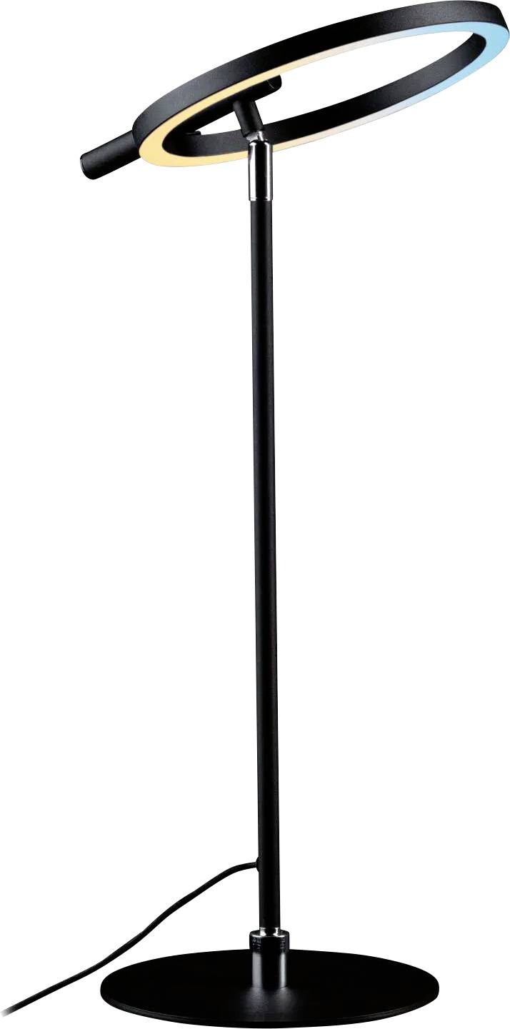 Eine moderne schwarze Stehlampe mit einem kreisförmigen LED-Ringlichtelement und verstellbarem Ständer, entwickelt für zeitgenössische Beleuchtung in Wohn- und Büroräumen.