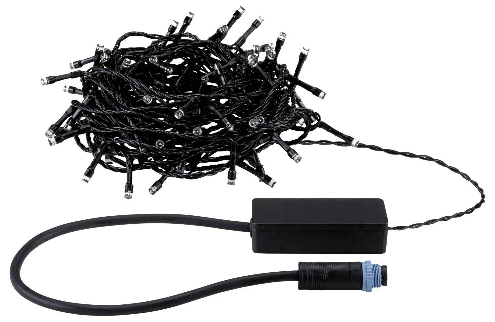 Ein Bündel schwarzer LED-Lichterketten mit einer angeschlossenen schwarzen Steuerbox und einem blau abgedeckten Stecker, bereit zur Installation.