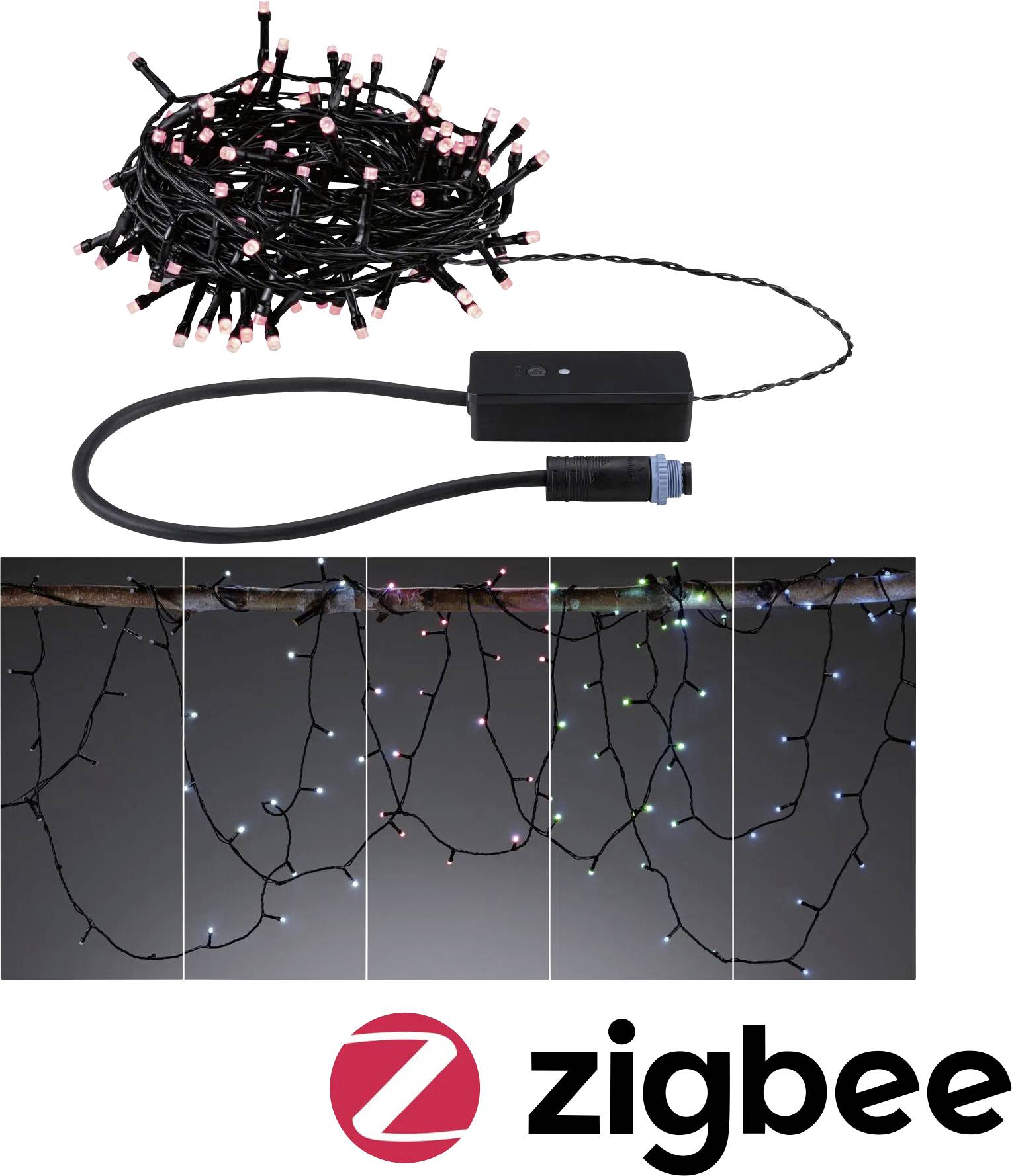 Zigbee-markierte Lichterketten mit einer Steuerbox, die verschiedene Beleuchtungseffekte zeigt: warmweiß, rot, grün, blau, mehrfarbig.