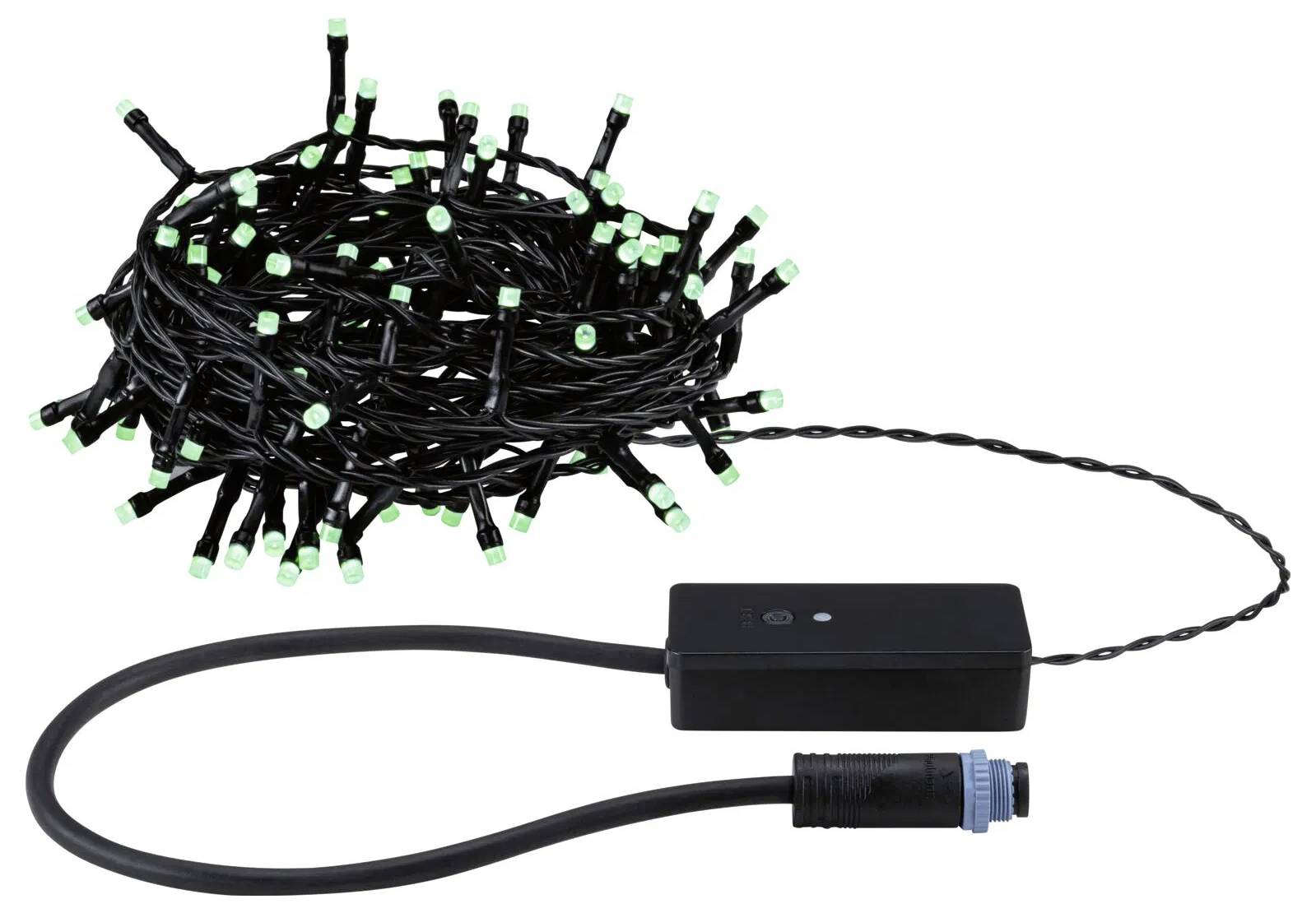 Eine aufgewickelte Schnur aus grünen LED-Lichtern mit einem schwarzen Netzteil und Kabel, geeignet für Dekoration oder Festtagsbeleuchtung.