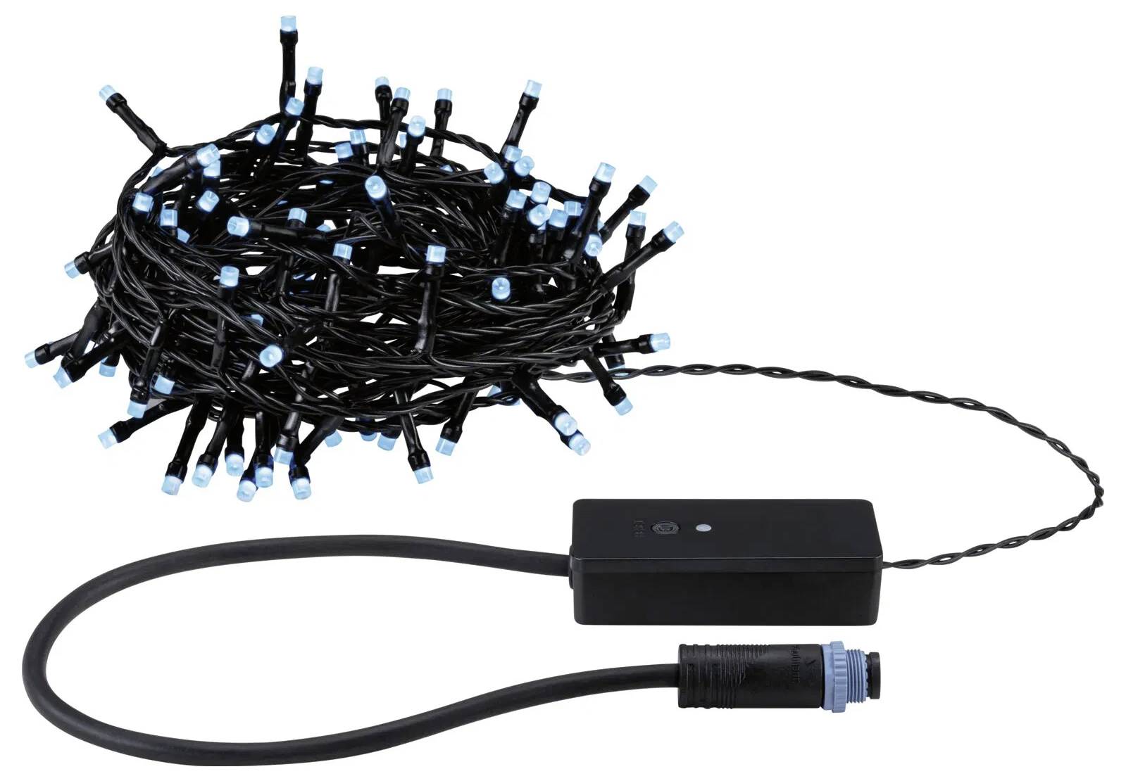 Ein Bündel von schwarzen Lichterketten mit blauen Bulbtips, die an einen schwarzen rechteckigen Controller mit verdrehtem Kabel und Stecker angeschlossen sind.