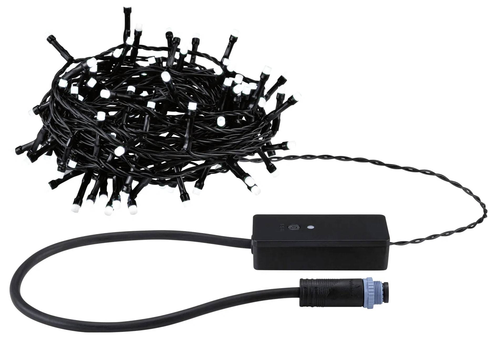 Eine aufgewickelte Schnur aus schwarzen LED-Lichtern mit einer Steuerbox und Anschluss, die für dekorative Beleuchtungszwecke verwendet wird.