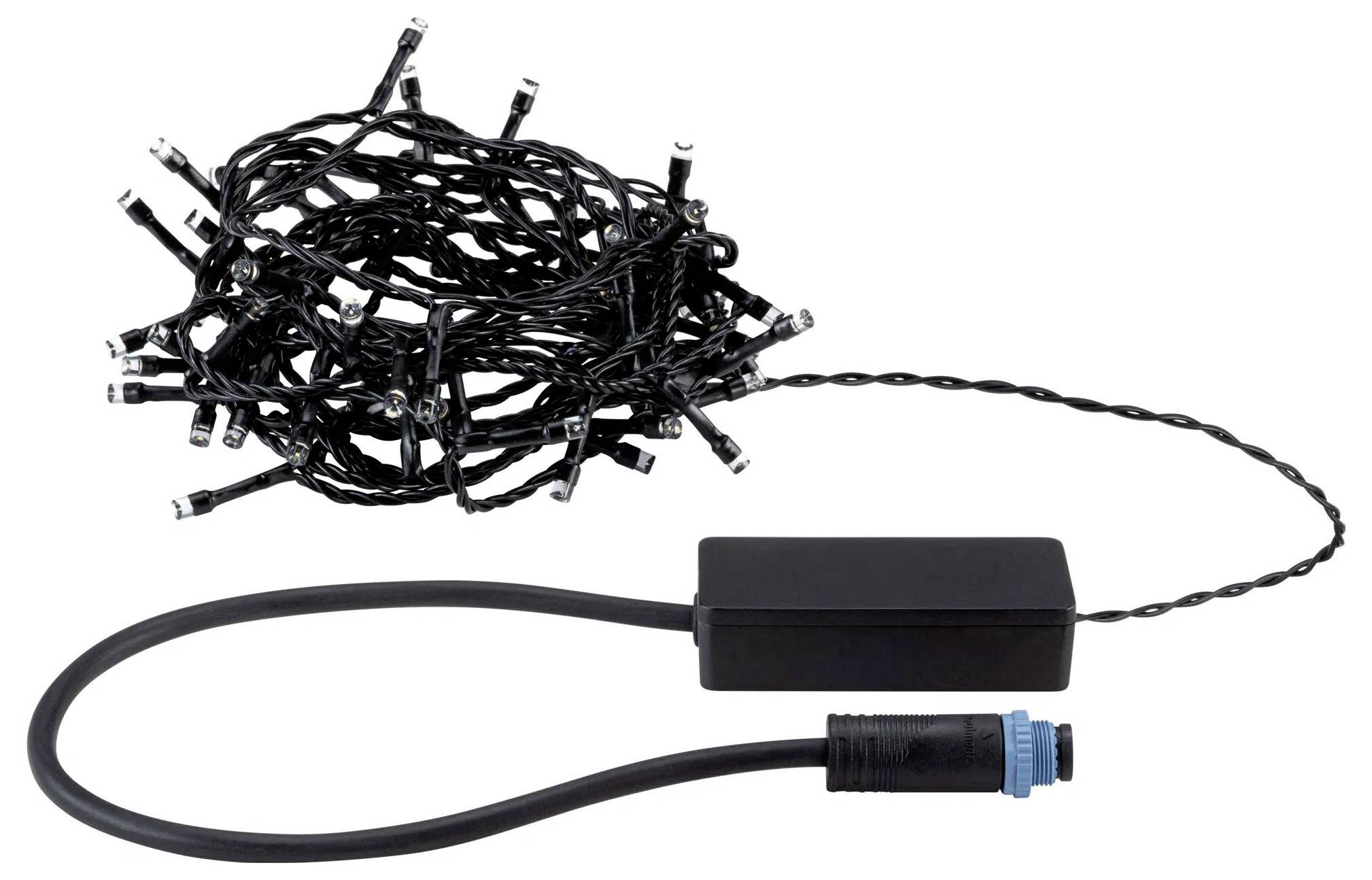 Schwarze LED-Lichterkette mit schwarzer Steuerbox und Anschluss, sorgfältig aufgewickelt, zum Dekorieren oder für festliche Beleuchtung.