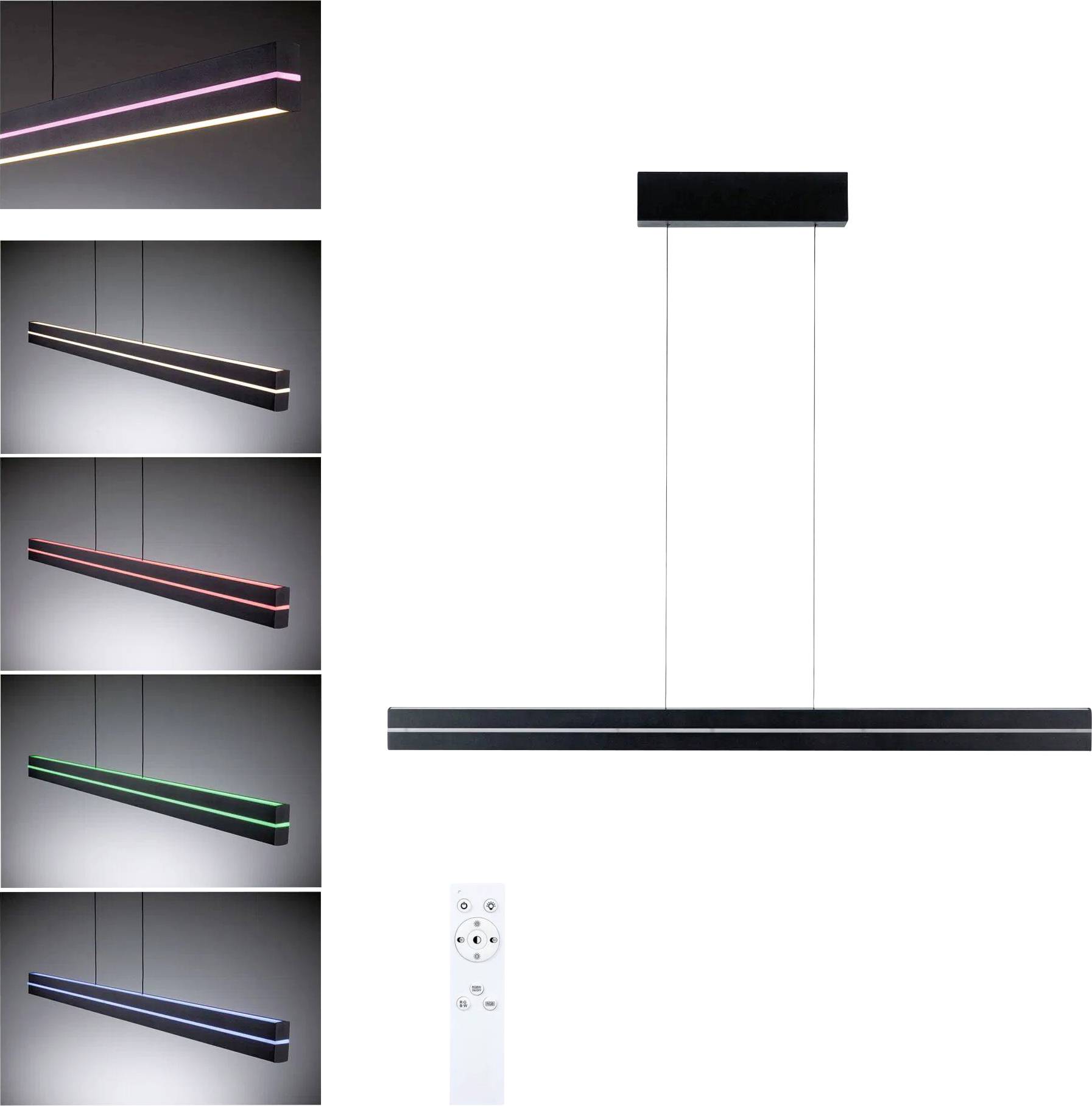 Pendelleuchte mit Fernbedienung; Bilder zeigen das Licht in fünf verschiedenen Farben: Weiß, Rot, Grün, Blau und warmweiß.