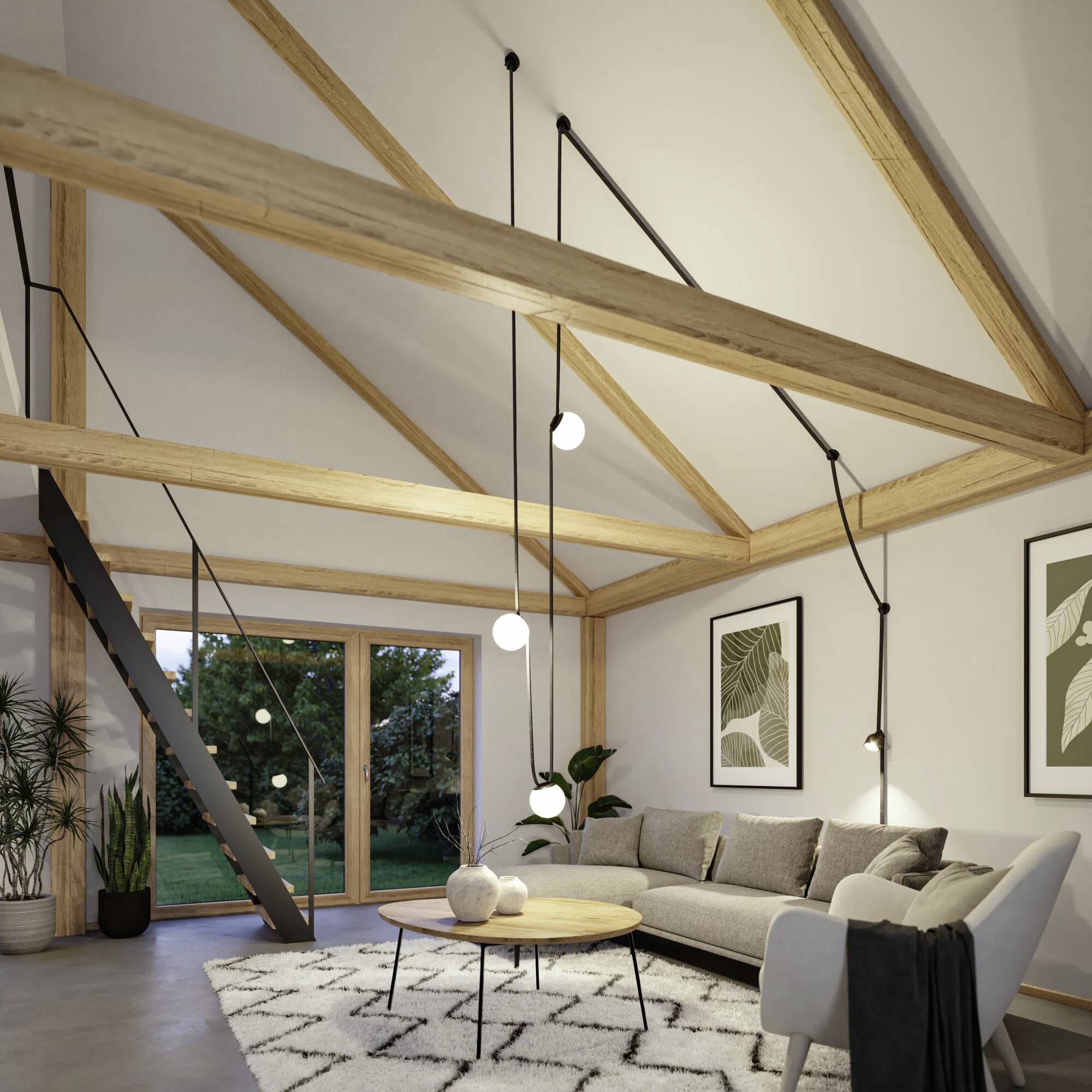 Ein modernes Wohnzimmer mit Holzbalken, einem großen Fenster, Pflanzen, einem grauen Sofa, einem runden Couchtisch und abstrakter Wandkunst.