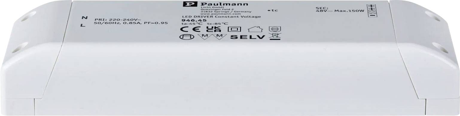 Rechteckiger LED-Treiber mit Aufschrift 'Paulmann', 12V, max. 150W; zeigt elektrische Symbole und Spezifikationen für Anschluss und Verwendung.