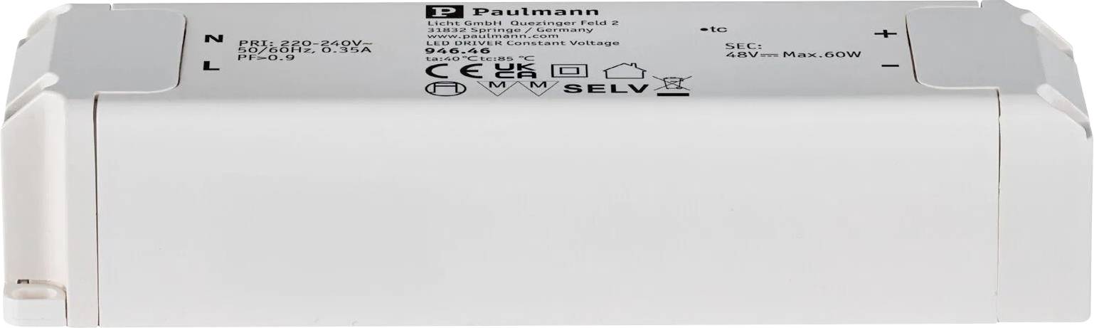 Rechteckiges elektronisches Gerät mit der Beschriftung 'Paulmann', auf dessen Oberfläche technische Spezifikationen und Konnektivitätssymbole zu sehen sind.