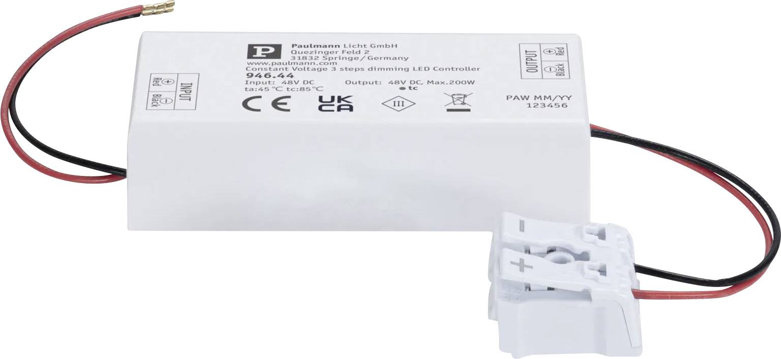 Rechteckige LED-Steuerungsbox mit Kabeln, beschriftet mit 'Paulmann Licht GmbH', geeignet zum Dimmen von LED-Beleuchtung, max. 200W.