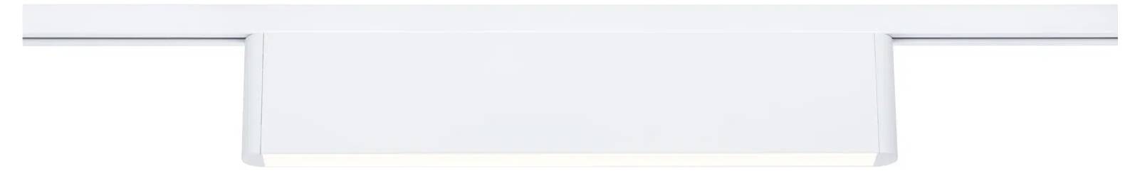 Eine weiße rechteckige LED-Wandleuchte, die an einer horizontalen Schiene montiert ist und ein weiches Licht von der Unterseite abstrahlt.