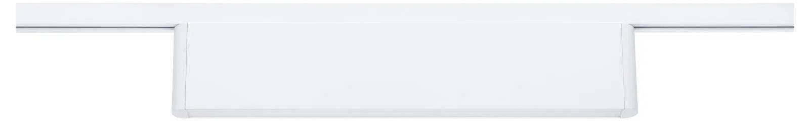 Ein weißes rechteckiges Schild ist an einer horizontalen Schiene befestigt. Das Schild ist leer und scheint so gestaltet zu sein, um Text oder Informationen anzuzeigen.