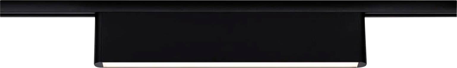 Eingelassene LED-Schienenlichtleuchte mit rechteckigem Design, schwarzer Oberfläche, weiches weißes Licht, das nach unten abstrahlt.